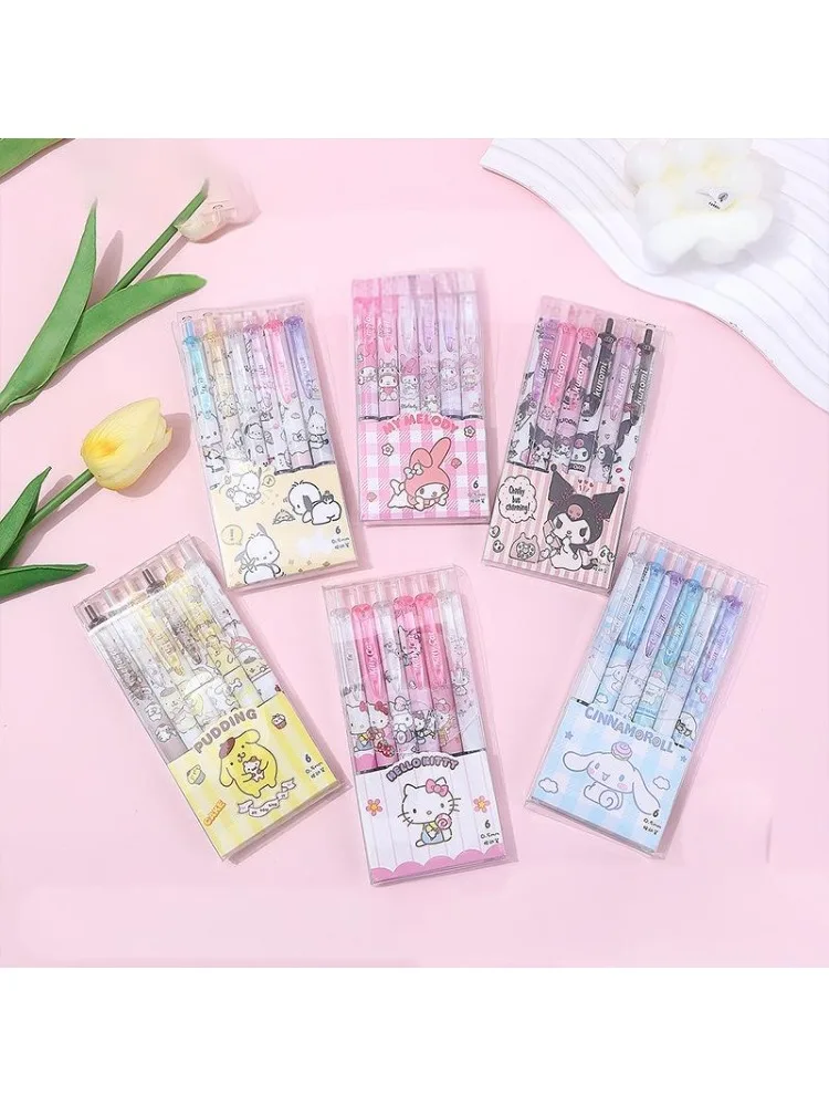 Stylo neutre Sanrio de dessin animé japonais, 6 pièces, Kawaii HelloKitty mélodie pour examen d'étudiant, stylo à séchage rapide, Pochacco, cadeau de vacances pour enfants