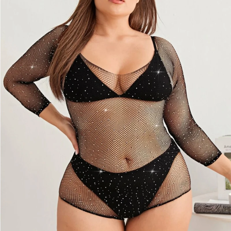 Plus Size Erotic Sexy Lingerie Bling Rhinestone Fishnet Bodysuit Transparent Dress Women Mesh Tights Exotic Sexy Outfits For Sex