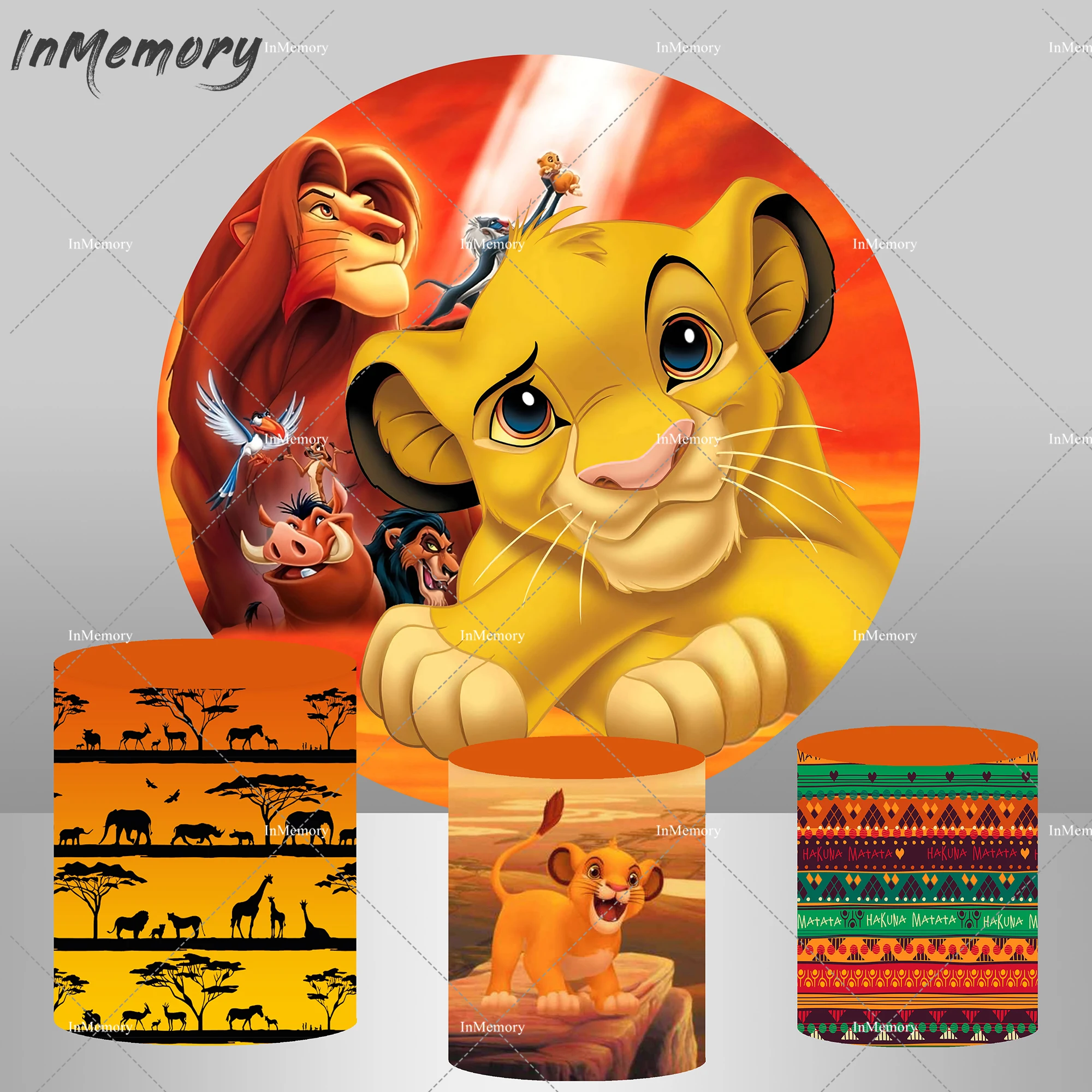 

Cartoon Sunset Lion King Birthday Round Backdrop Cover Boy Baby Shower Photo Background Hakuna Matata Cylinder Pedestal Covers