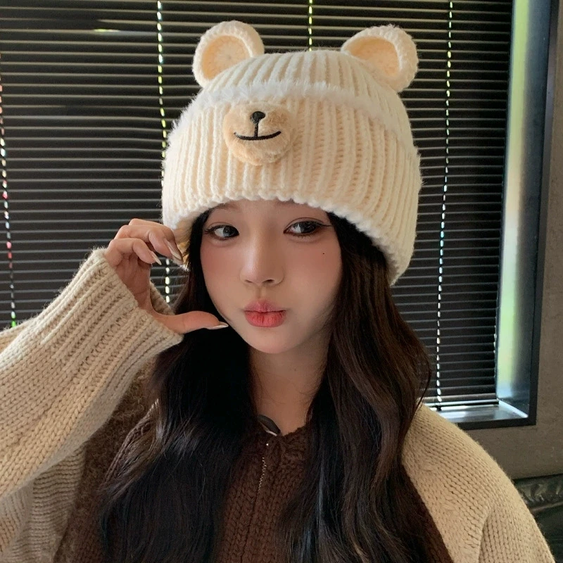 Herbst- und Wintermütze im koreanischen Stil für Frauen, Bärenohren, süße und niedliche vielseitige Wollstrickmütze, Gehörschutz, warme kalte Mütze – Detail 4