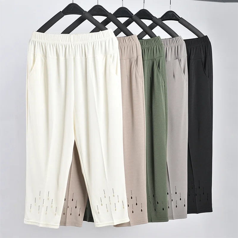 

Mom Casual Pants New Summer Thin Elastic Waist Pants Women's Wear Fashion High Waist Loose Ice Silk Cropped Pants XL-8XL