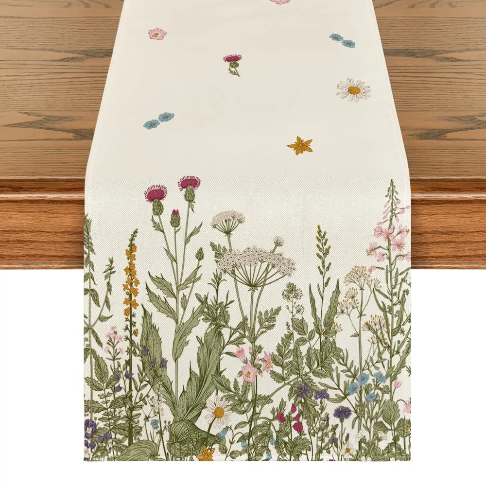 Artoid Mode Vintage Herbs Wild Flowers Spring Table Runner Seasonal Kitchen Dining Home Party Decor