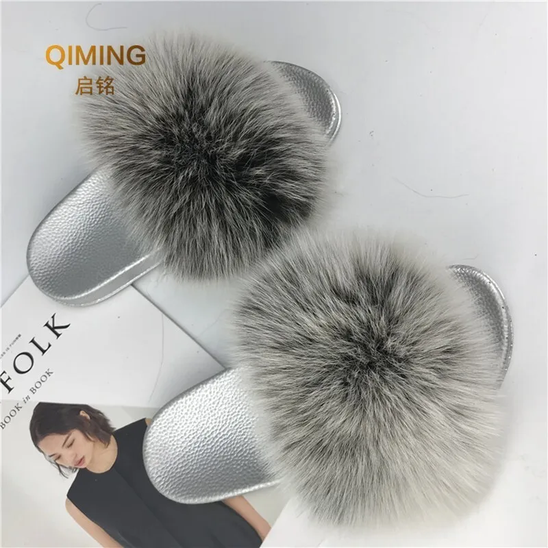 Summer Silver Soles Fox Fur Fluffy Home furry Slippers Female Non-slip Outdoor Slipper Women Beach Shoes Woman Flip Flops Slides