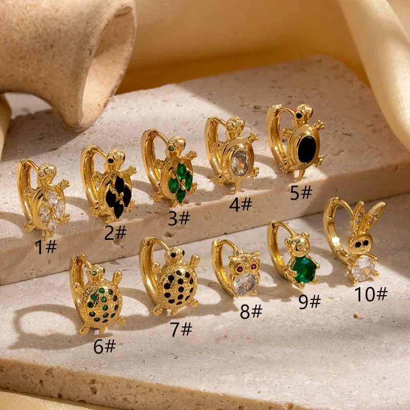 1PC 18k Plated Gold Color Stainless Steel Tortoise Huggies Earrings Cute Animal Turtle Bear Rabbit Zircon Hoop Earring Jewelry