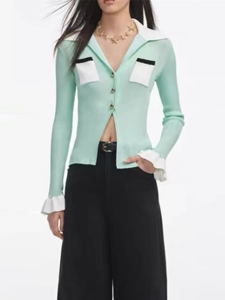 VGH Elegant Solid Slimming Blouses For Women Lapel Long Sleeve Patchwork Pocket Spring Designer Shirt Female Fashion Style New