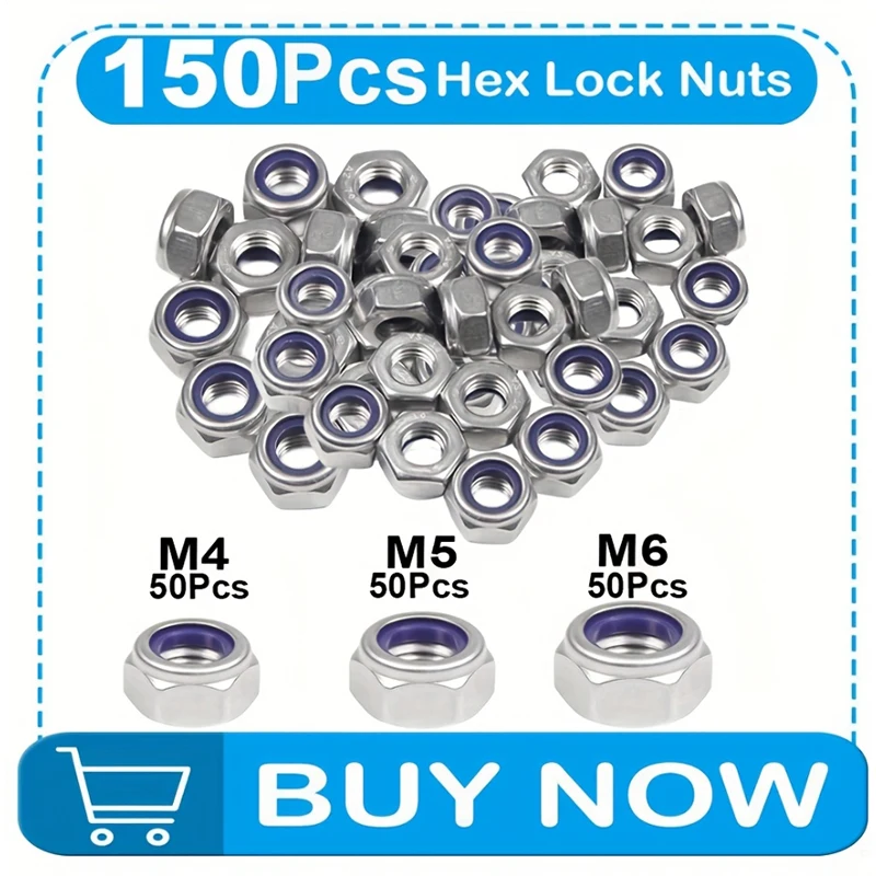 60/150 قطعة M4/M5/M6 صواميل ذاتية القفل مضادة للانزلاق من الفولاذ المقاوم للصدأ، أغطية لولبية سداسية، للبناء والصيانة والتركيب #5