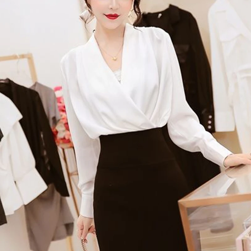 Blus Wanita lengan panjang, Atasan wanita blus lengan panjang, blus Semua cocok, warna Solid, kemeja Satin leher-v silang, busana elegan, musim semi, musim gugur