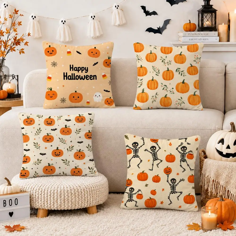 Halloween Pumpkin Skeleton Cushion Cover Soft Short Plush Double-Sided Printing Sofa Home Decor Festival Pillow Case Gifts