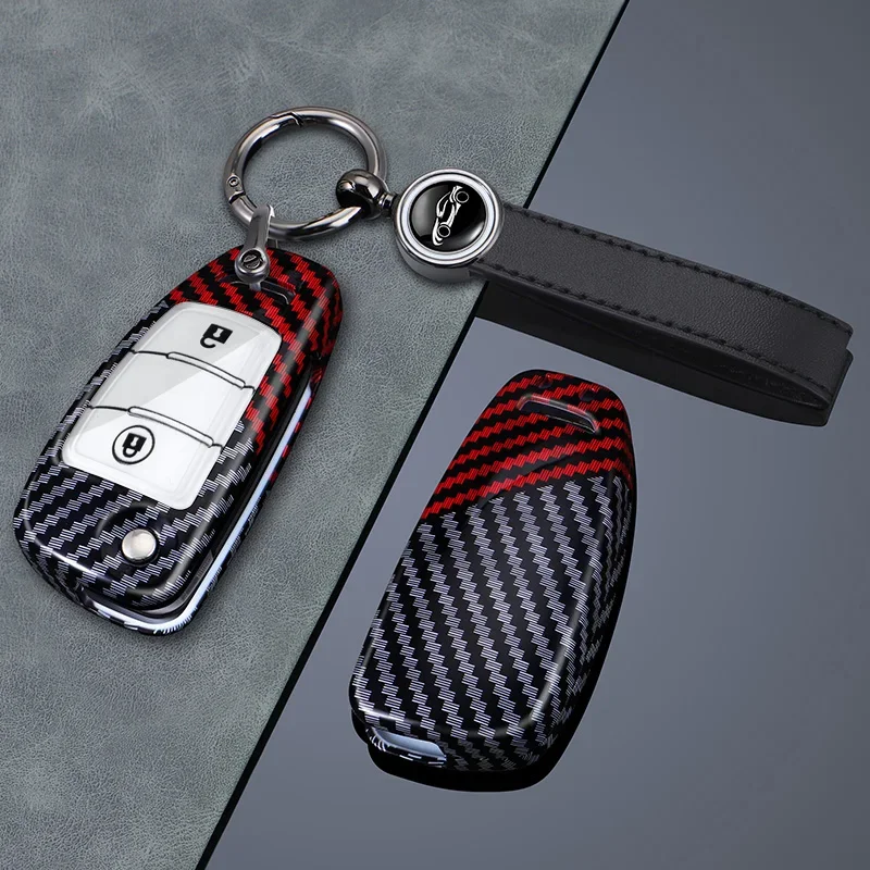 2 Buttons Car Key Fob Cover Fit for Jianghuai Flip Key Remote Carbon Fiber Car Key Shell With Silver Durable Keychain