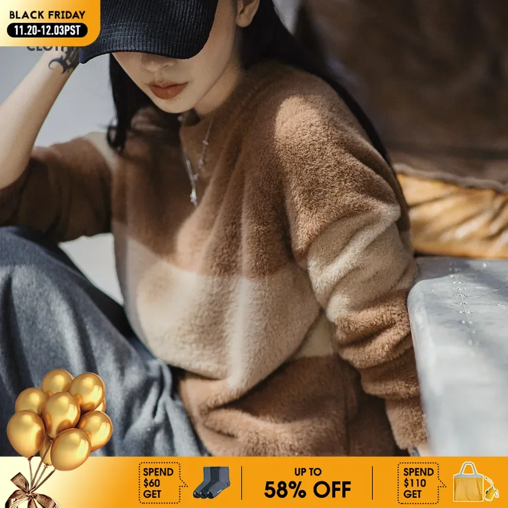 

Maden Casual Loose Fit Striped Knitted Sweater Warm Pullover with Round Neck Zipper for Women's Autumn and Winter Versatile Tops