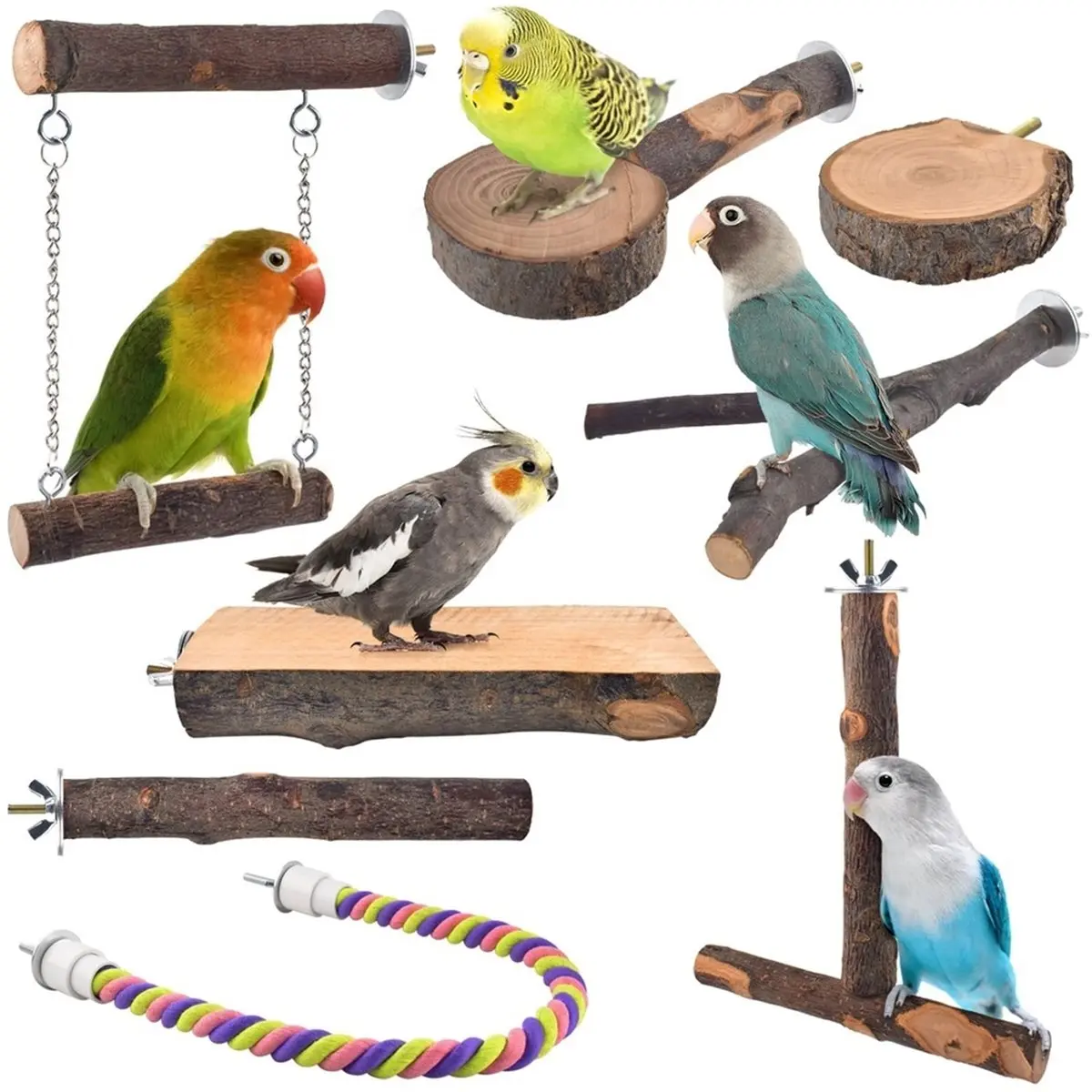 A1253K Bird Perches, 8pcs Natural Wood Parrot Perch Platform Chewing Toys Cage Accessories for Small and Medium Parakeet SUMMER