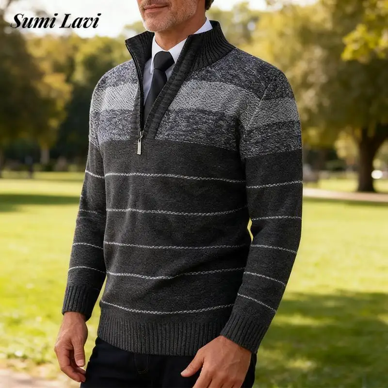 

Daily Casual Men's Slim Sweaters 2025 Autumn Winter Fashion Zipper Stand Collar Jumpers Men Vintage Striped Crochet Swewater
