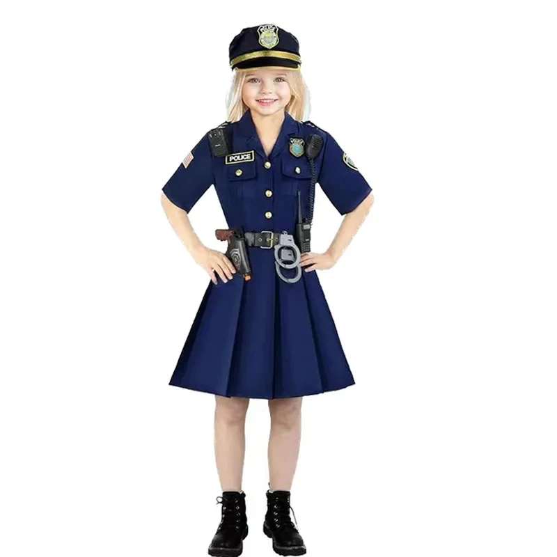 ▶❤Kids Police Uniform Costume Set for Halloween, Unisex Dress with Hat Belt, Kindergarten Stage Performance Outfit❤◀ view 4