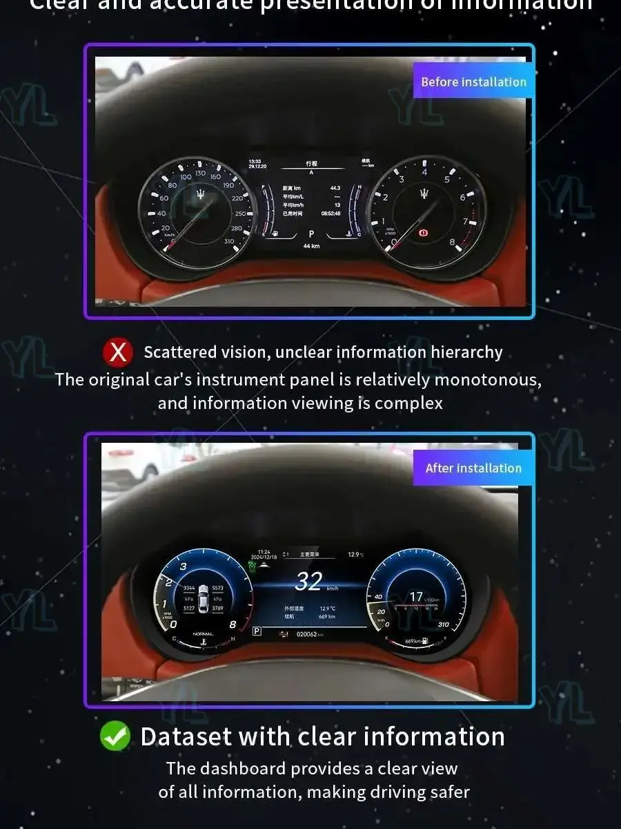 YL  For Maserati GT Gran Turismo 2007 -2017 Digital Dashboard Speedometer Virtual Cockpit Carplay LCD Instrument Panel Cluster