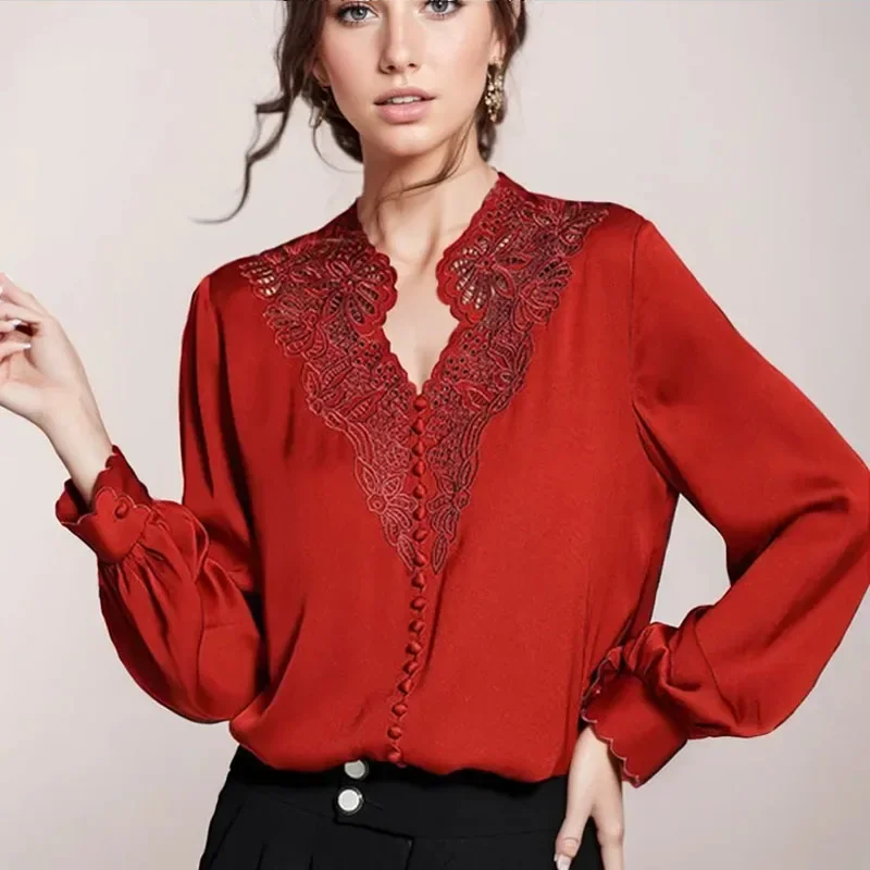 New Casual Long Sleeve Satin Women\'s Shirts Loose Fashion Woman Tops Lace Spliced Ladies Feminine Blouses Women Clothing 20645