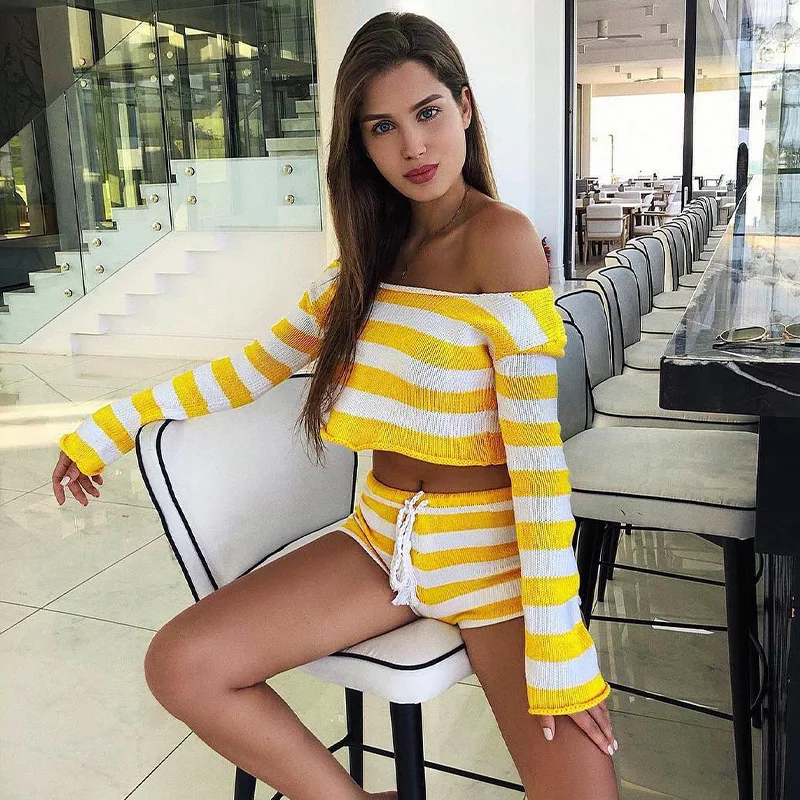 Summer Autumn Y2K INS Long Sleeve Crop Top Shorts Tracksuit Knitwear Women Knitted Two Piece Shorts Set Vacation Outfits