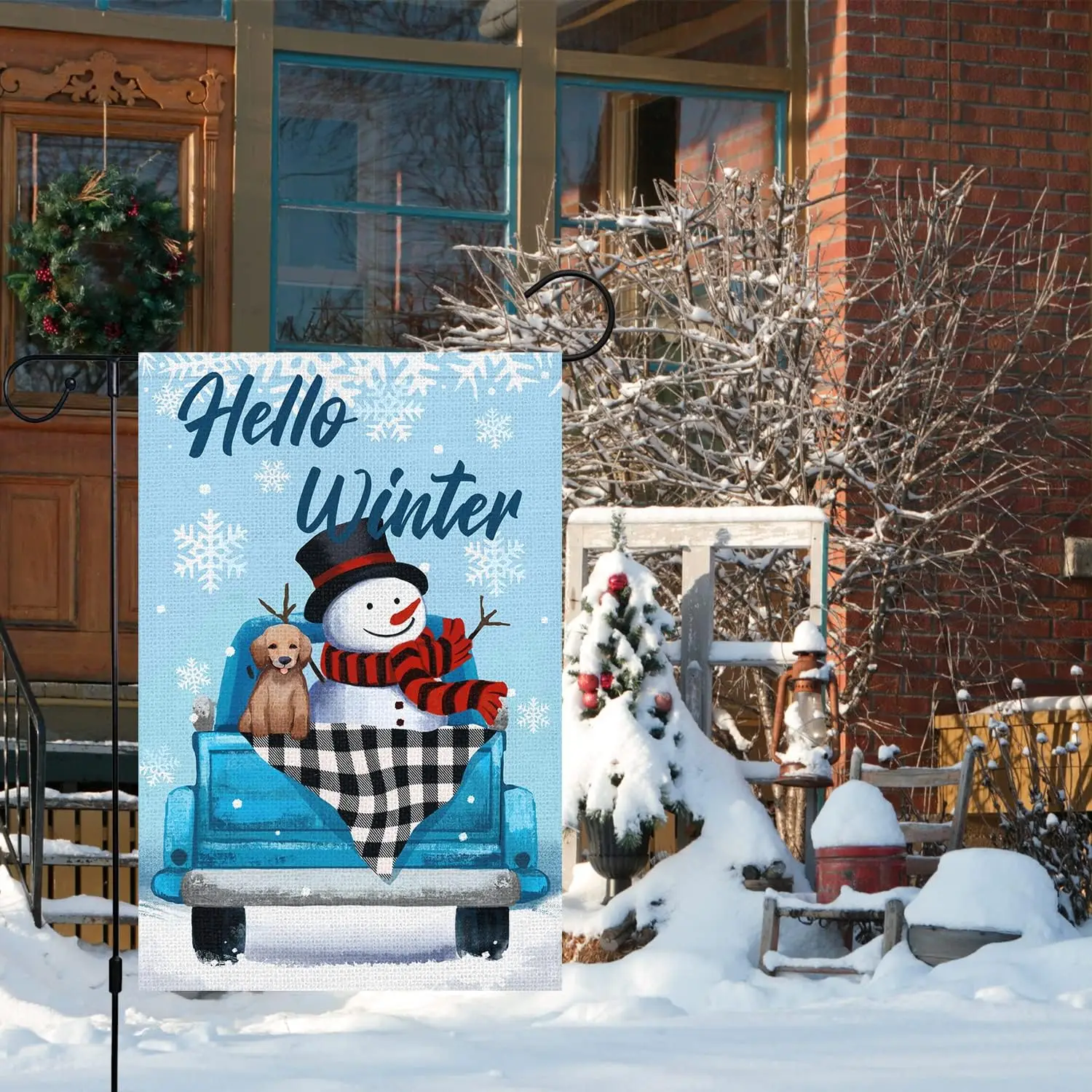 Louise Maelys Hello Winter Garden Flag 12x18 Double Sided, Burlap Small Vertical Buffalo Check Plaid Winter Truck Garden Yard Ho