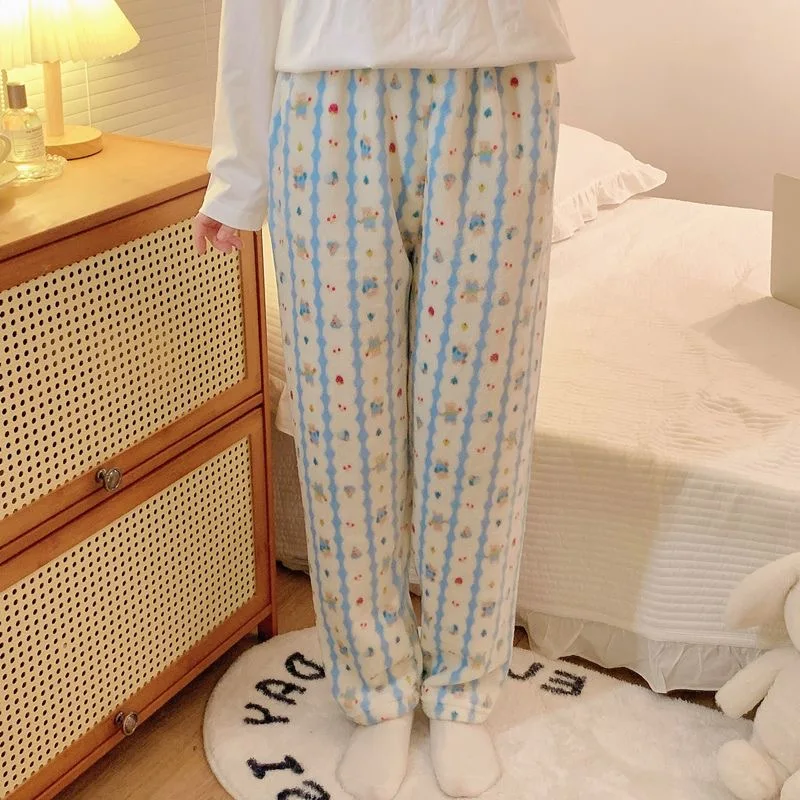 Fluffy Bear Pajama Pants Plus Size 4XL Fuzzy Warm Homewear Y2K Kawaii PJ Pants Women Flannel Sleepwear Girls Soft Sleeping Pants