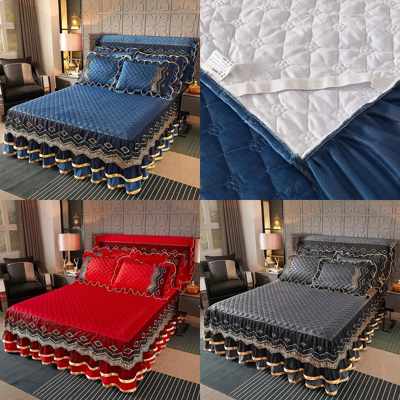 Lace Quilted Crystal Velvet Bed Skirt Single Double Thick Anti-Slip Mattress Cover Protector