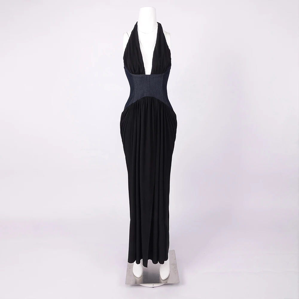 VC Glamorous Halter V-Neck White Maxi Dress with Black Corset Style Detail and Open Back for a Gala