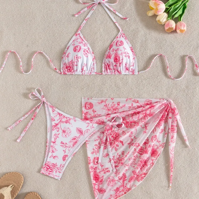 2026 European and American Cross-border Foreign Trade Amazon Trend Printing Neck Sling Sexy Bikini Split Strap Hot Spring Summer