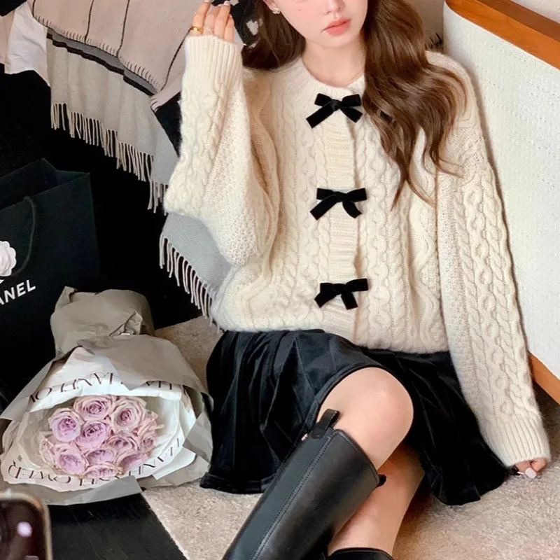 Sweet Twists Bow Sweater Women Autumn Winter O Neck Long Sleeve Top Loose Cardigans Korean Fashion Streetwear Y2K Girl Knitwear