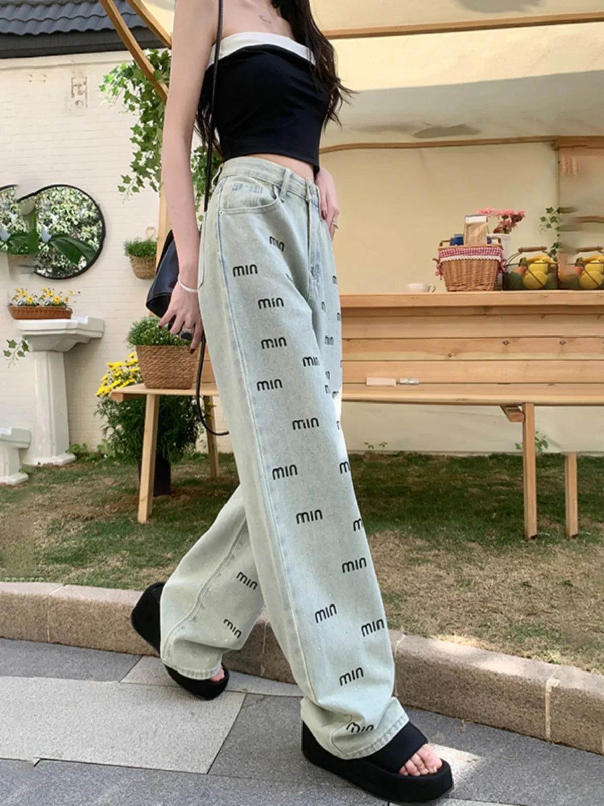 Y2K light colored rhinestone letters MIN wide leg jeans for women 2024 new high waisted straight leg narrow version floor pants