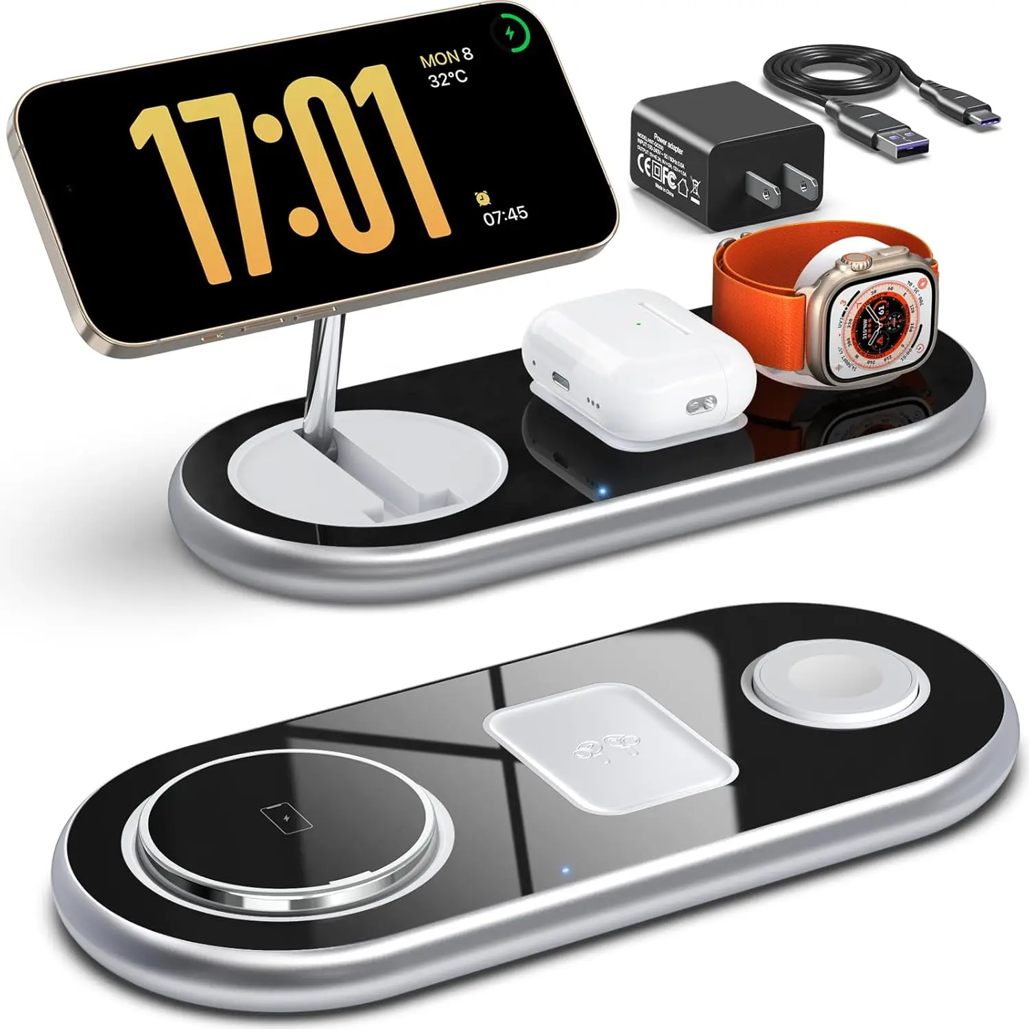 

Магнитная беспроводная зарядная станция 3-в-1 для iPhone, Apple Watch и AirPods с регулируемым углом наклона и быстрой зарядкой
