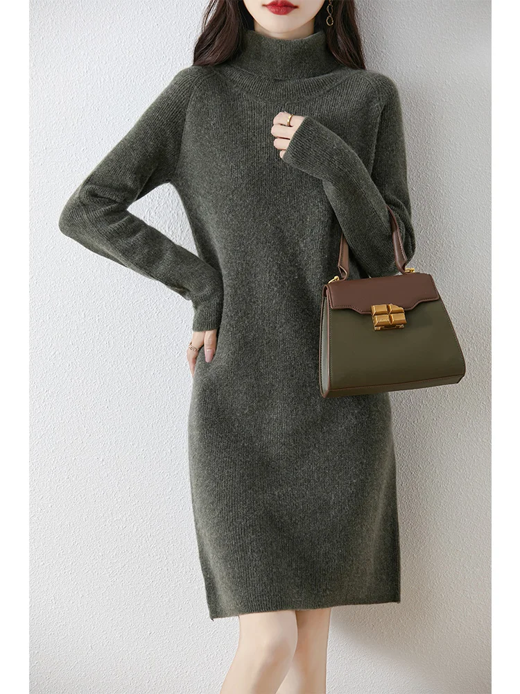 Women\'s Pure Wool Knitted Long Dress, High Collar, Loose, Thickened, Elegant, Casual, Fashionable, Sweater, 2024 Autumn/Winter