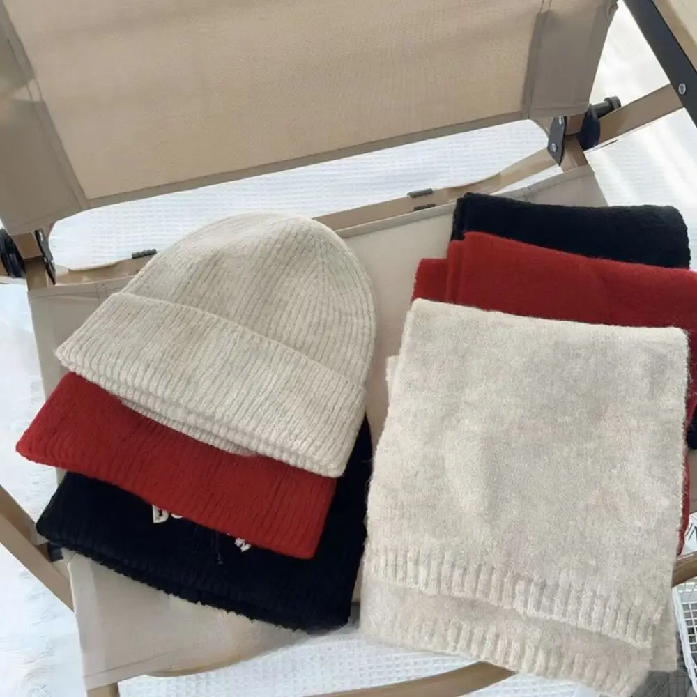 Kids Winter Warm Knit Beanie Scarf Set Letter Embroidered Cap Neck Warmer Soft Polyester Korean Fashion Toddler Sets