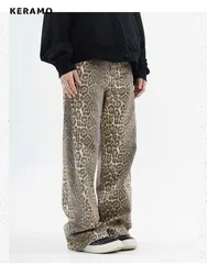 Vintage leopardo impressão jeans feminino primavera oversize casual hip pop perna larga calças tendência cintura alta pantera denim calças senhoras