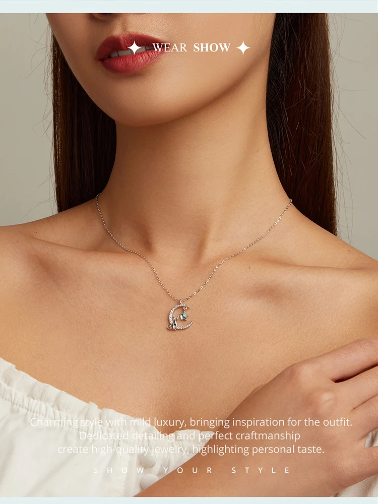 WOSTU 925 Sterling Silver Cute Cat Moon Pendant Necklace For Women, reamy Moonstone Zircon Charm Necklaces Special Gift For Her