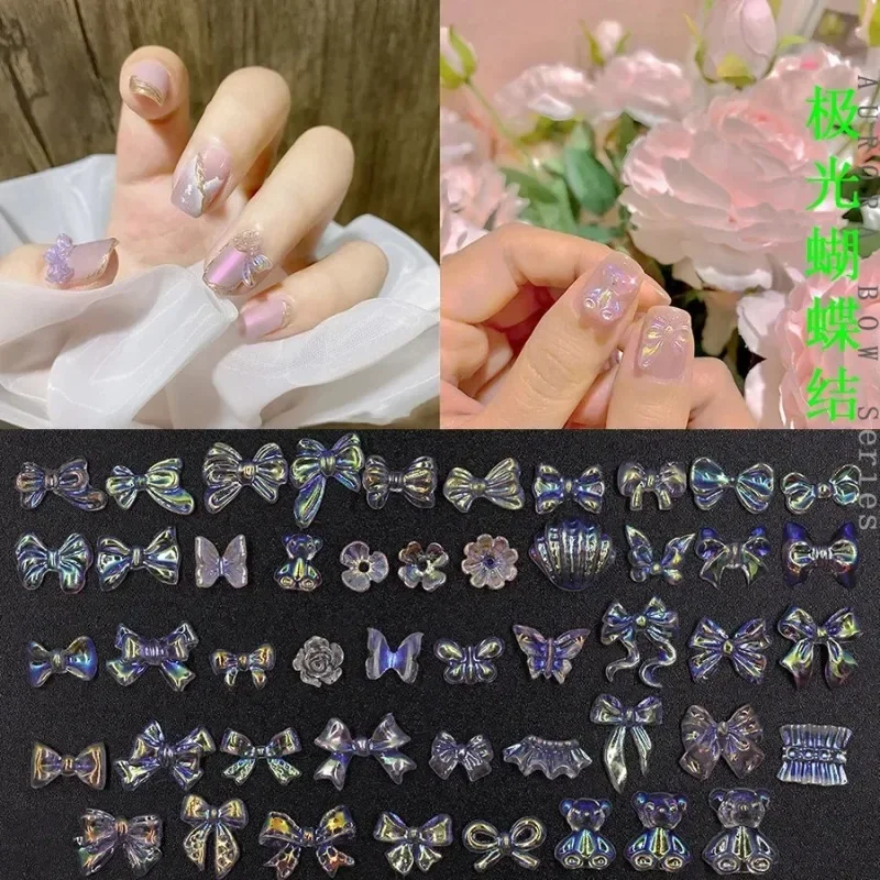 20PCS Cute Aurora Nail Charms Accessories Bow Butterfly Bear Flower Heart 3D Acrylic Nails Art Decoration Rhinestones Supplies