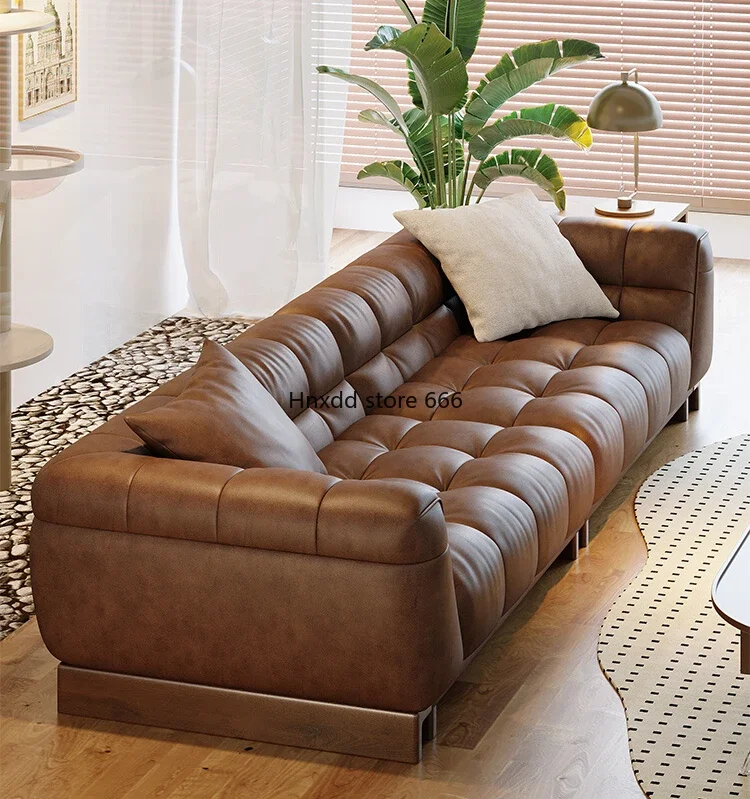 Italian minimalist straight row living room caramel color small apartment first layer cowhide marshmallow sofa