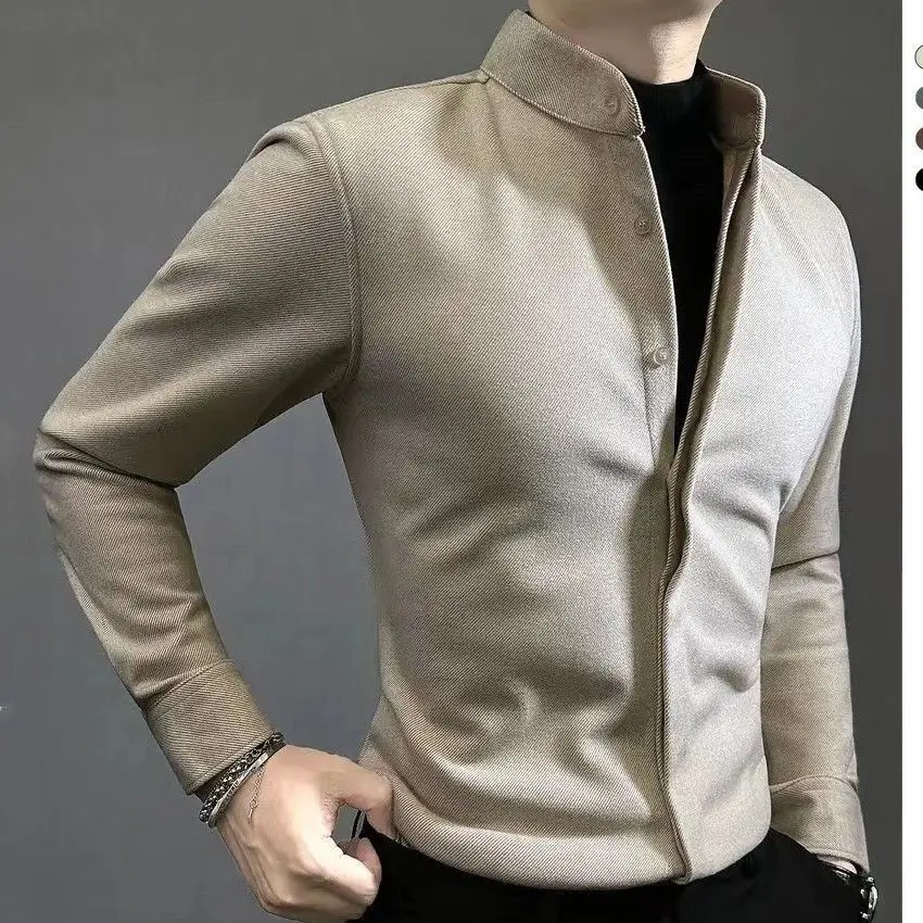 Fashion Business Autumn Winter Men Clothing Shirt Coats Solid Stand Collar Single Breasted Versatile Casual Slim Long Sleeve Top