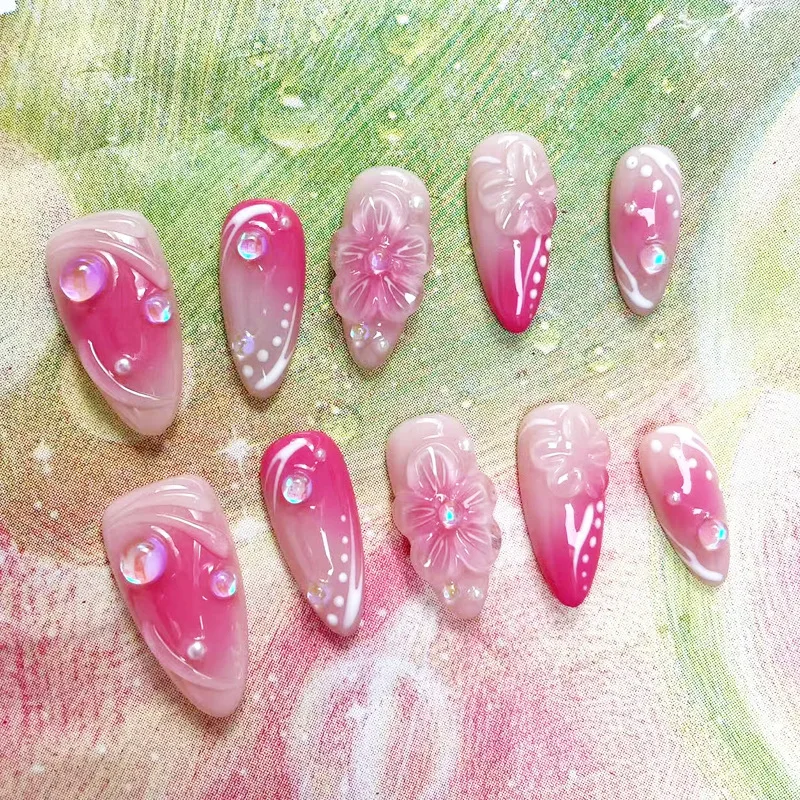 

10pcs Handmade Fake Nail Sets Pink Smudge Almond False Nail with Flower Rhinestone Design Nails Tips Wearable Press on Nails Art