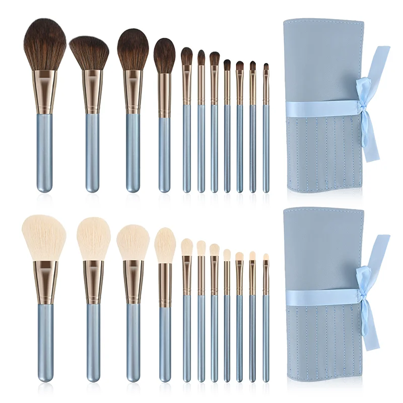 Set di pennelli per trucco con manico in legno da 11 pezzi Set di pennelli per ombretto per fondotinta in lana naturale Kit di pennelli cosmetici da viaggio portatili
