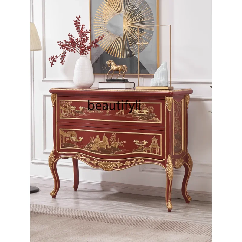 

High-End Luxury Retro French Entrance Cabinet European Style Entrance Foyer Wall Painted American Aisle Chest of Drawers