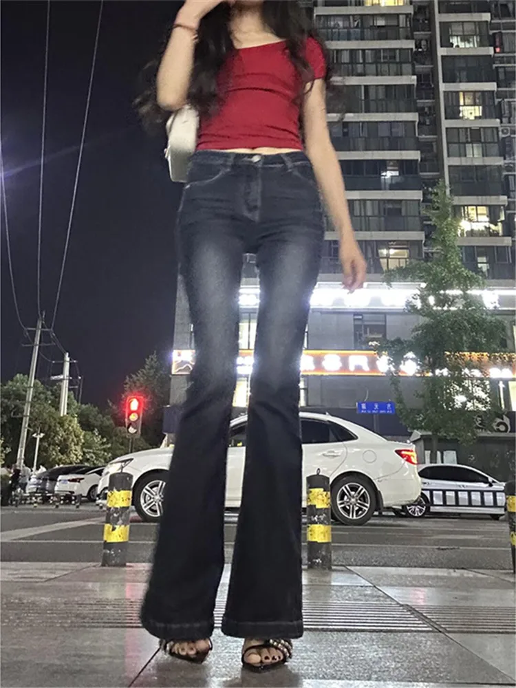 

American Retro Bell Bottom Jeans Women Slim Elastic Extended Spring Autumn Long Pants Low Waist Zipper Closure Deep Color