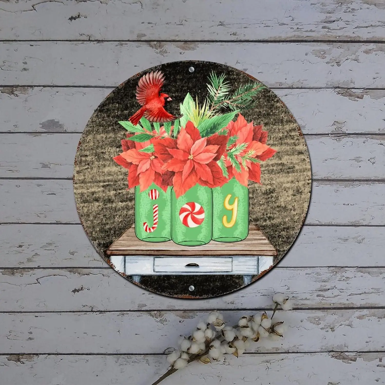 Christmas Wreath Signs Poinsettia Vase Joy Wood Grain Round Metal Tin Sign Christmas Decorations for Cabinets Distressed Stylish