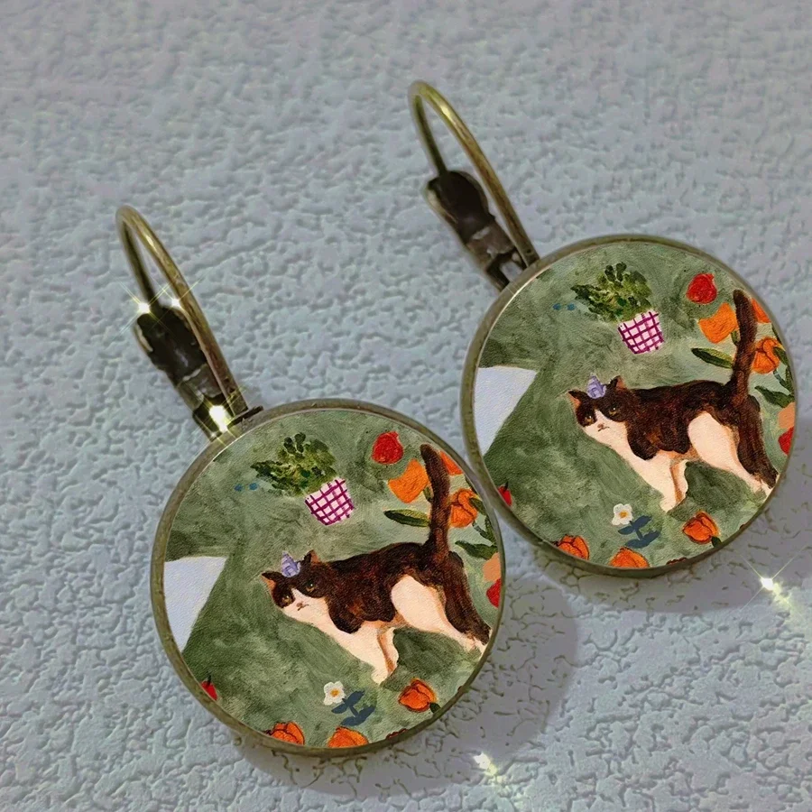 2024 Colorful Cat Earrings Abstract Oil Painting Cat and Animal Style Glass Women\'s Earrings Cute Wedding Gift