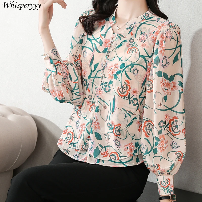 Printed Long-sleeved Shirt Women Clothes Spring Summer New Temperament Fashion Casual Office Tops Female Stand Collar Blouse