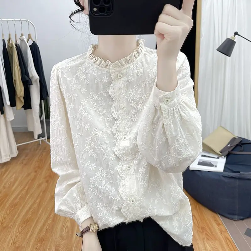 Women Korean Fashion Lace Embroidery Button Up Shirt Vintage Ruffle Sweet Chic Blouse Casual White Long Sleeve Loose Tops Blusas