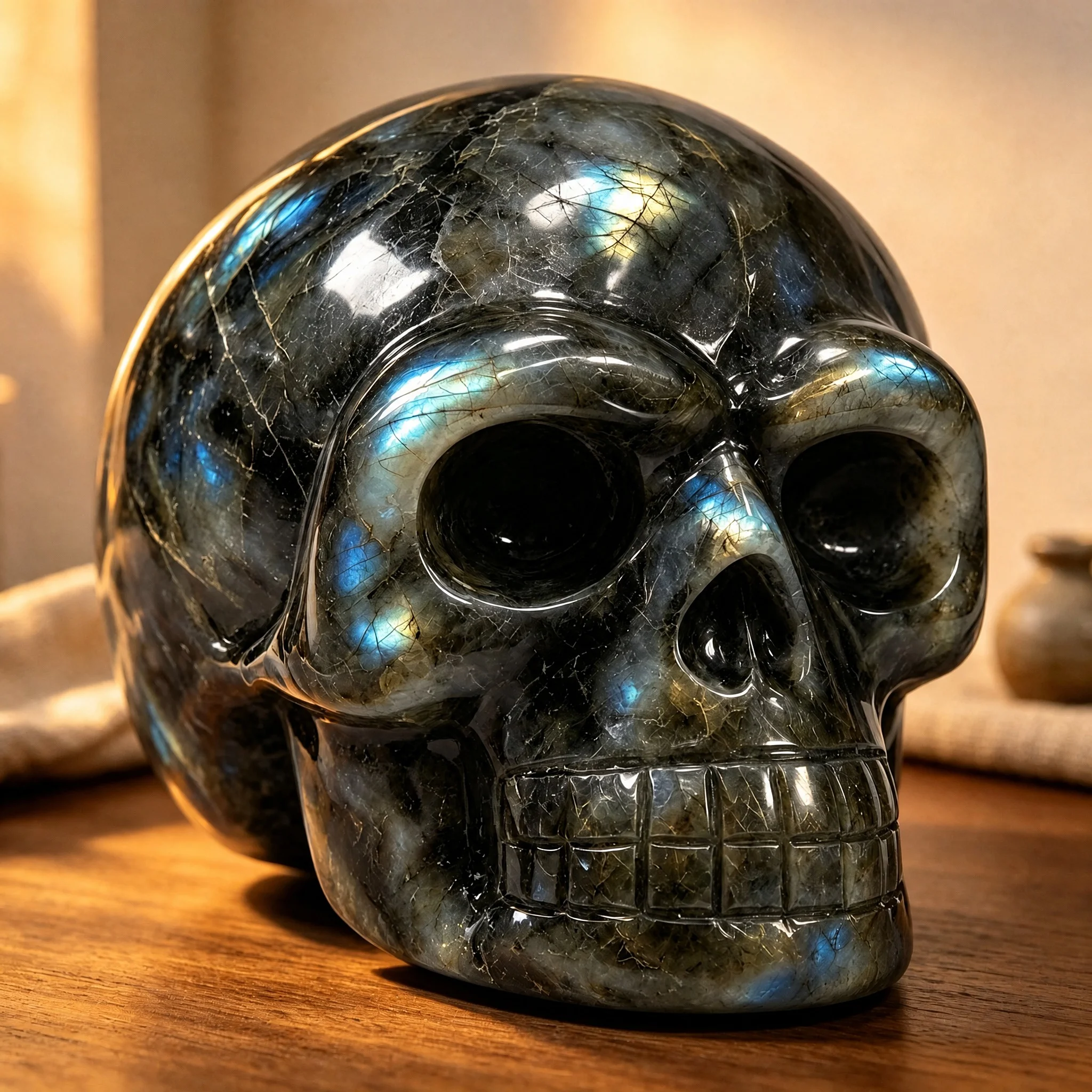 2 Inch Natural Labradorite Hand‑Carved Crystal Skull Statue,Flash Blue Sheen Gothic Skull Decor,Witchcraft Energy Healing Stone Ornament for Altar Home Collection Gift