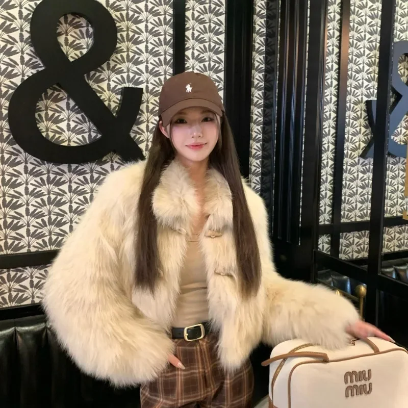 Women 2024 New Autumn and Winter Imitation Fox Fur V-neck Light Luxury Youthful Slimming Korean Version Women's Clothing