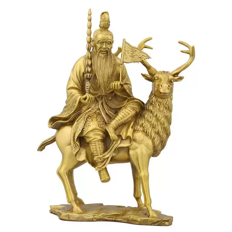 Pure Brass Attracting Wealth Jiang Ziya Statue Riding Deer with God-Striking Whip Taoist Deity for Home