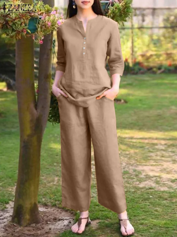 2024 ZANZEA Fashion 2PCS Women Autumn Tracksuit Elegant Trousers Suits OL Work Outifit V Neck 3/4 Sleeve Blouse Pants Sets
