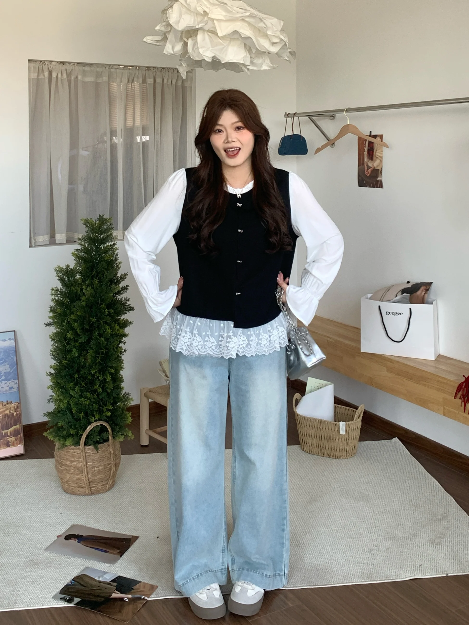 

Korean Sle Lace Splice Fake Two-Piece irt plus Size Women's Spring Faion Design Casual Loose Fit Polyester Blend