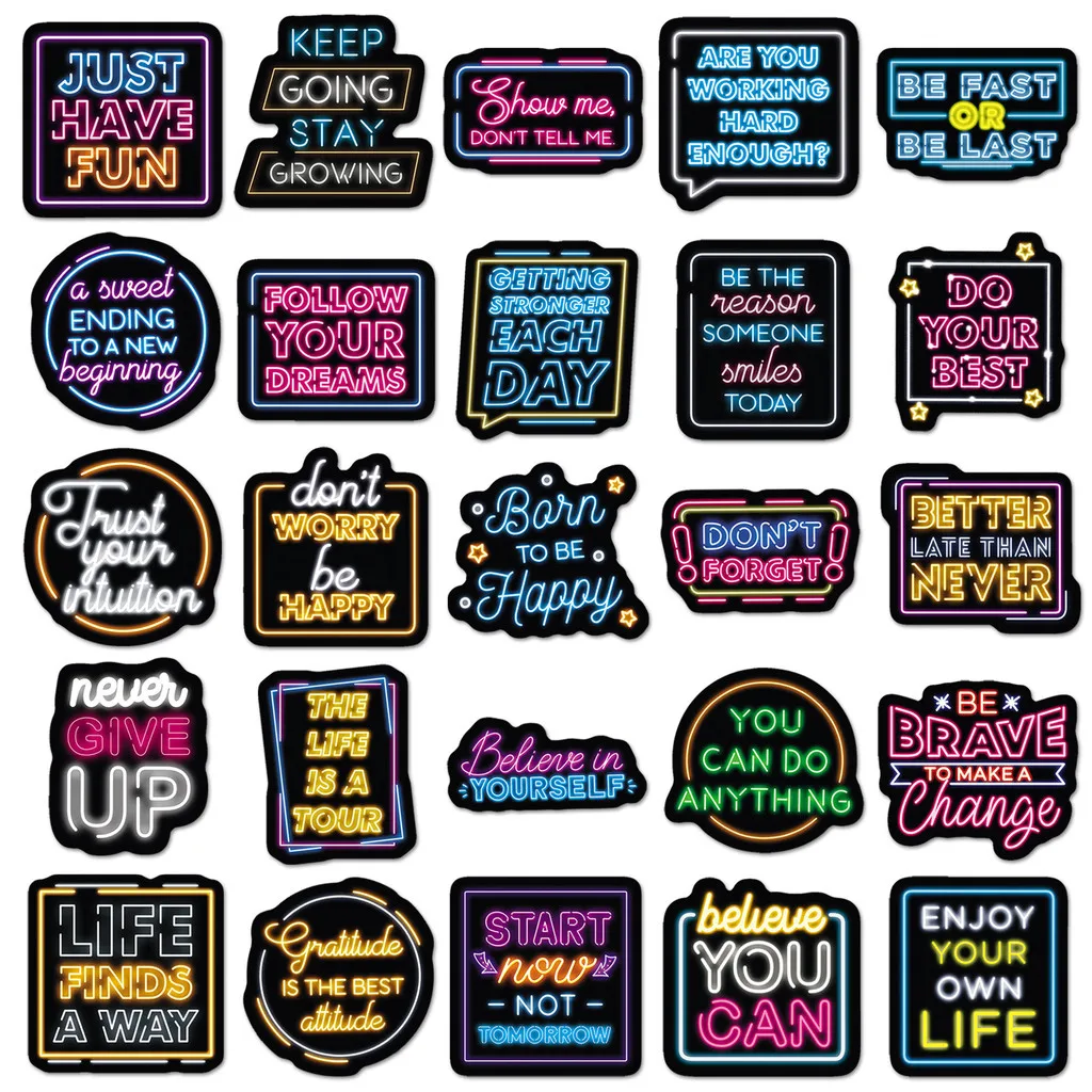 50Pcs Neon Inspirational English Stickers - Cool Motivational Quotes for Phone Case/Journal/Helmet BulingBulingStickers Store
