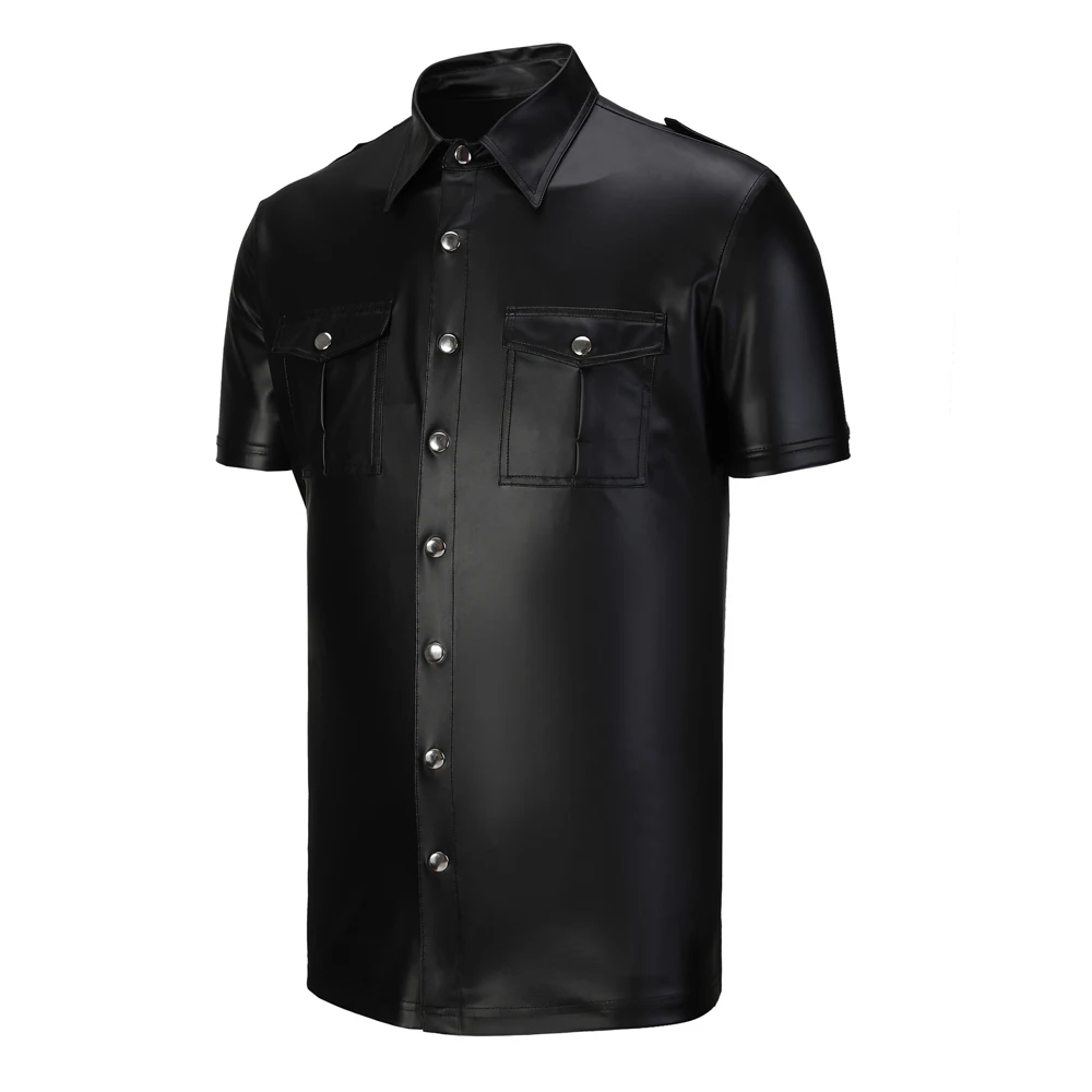 Men\'s Leather Shirts Short Sleeve Elastic Fashion PU Leather T-Shirts